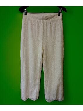 White Eyelet Lace Pants Womens Boho Coastal Resort Pull On Crop Medium Cotton